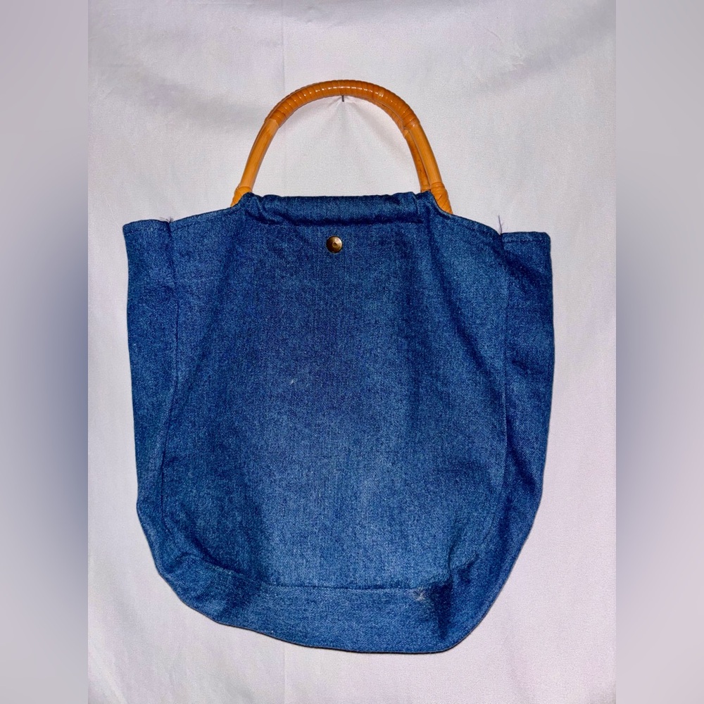Bluementhal Craft Blue Denim, Bamboo Handles Small Bucket Bag Purse